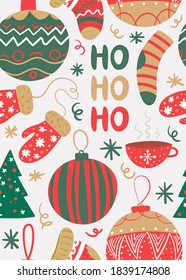 Cute hand drawn doodle Christmas card, brochure, postcard with snowball, christmas tree, snowflakes, snowflakes, mittens, balls, socks, snow. Christmas holiday background, elements. Seamless pattern