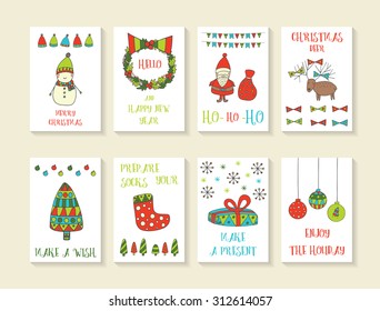 Cute hand drawn doodle Christmas cards, brochures, postcards with snowman, wreath, santa, deer, christmas tree, sock, present, balls, snowflakes, bag, bow, hat. Christmas holiday background, elements