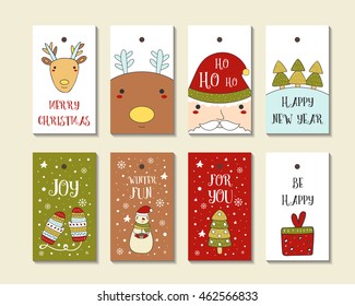 Cute hand drawn doodle Christmas cards, brochures, postcards with snowman, santa, deer, christmas tree, present, snowflakes, mittens, snow. Christmas holiday background, elements. Printable tags set