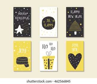 Cute hand drawn doodle Christmas cards, brochures, postcards with star, heart, scarf, present box, christmas tree, text space, snow. Christmas holiday background, elements. Printable tags set