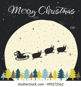 Cute hand drawn doodle Christmas background, postcard with flying santa, sledge, deers, full moon, sky, christmas trees, stars. New Year cover, flyer