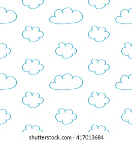 Cute hand drawn, doodle clouds seamless pattern background.