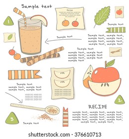 Cute hand drawn doodle cocktail ingredients. Food and objects collection including berries, apple, cinnamon, mint, glass with drink, straw, spoon. Postcard, cover with beverage infographic