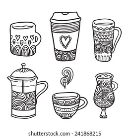 cute hand drawn doodle coffee objects. Cappuccino, latte, coffee to go, tea cup, french press