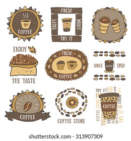 Cute hand drawn doodle coffee banner, logo, icon, advertisement including cup, muffin, bag with coffee and leaf, coffee beans, coffee to go, coffee store