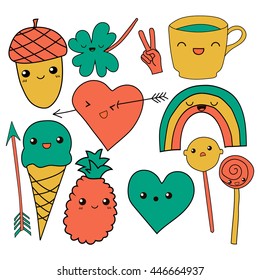 cute hand drawn doodle collection vector illustration coffee, arrow, ice cream, heart, rainbow, clover, love, acorn, lollipop candy pineapple isolated on white background for embroidery patches