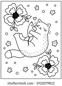 Cute hand drawn doodle coloring page with cat, toy mouse and flowers. Spring outline vector illustration.