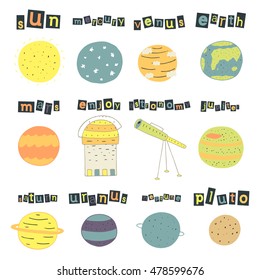 Cute hand drawn doodle cosmic objects, planets set including sun, mercury, venus, earth, mars, jupiter, saturn, uranus, neptune, pluto, telescope. Universe objects collection 