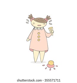 Cute hand drawn doodle crying girl with ice cream on the floor. Background with girl in pink dress. Child emotions