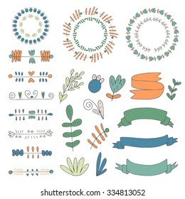 Cute hand drawn doodle design elements collection including dividers, frames, ribbons, nature elements, flowers, plants, leaves. Elements for greeting cards, brochures, invitations, menu