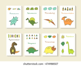 Cute hand drawn doodle dino collection including mosasaurus, spinosaurus, pterodactyl, parasaurolophus, tyrannosaur, stegosaur, triceratops, diplodocus. Dino icons collection with abstract elements