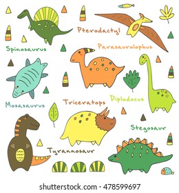 Cute hand drawn doodle dino collection. Dino icons collection with abstract elements