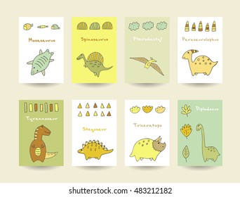 Cute hand drawn doodle dino collection including mosasaurus, spinosaurus, pterodactyl, parasaurolophus, tyrannosaur, stegosaur, triceratops, diplodocus. Dino icons collection with abstract elements