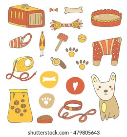 Cute hand drawn doodle dog stuff, objects including cage, bone, ball, food, plate, clothes, bed, brush, paw prints, chicken toy, whistle, heart, collar, lead, muzzle. Dog objects icon