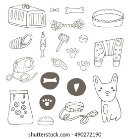 Cute hand drawn doodle dog stuff, objects including cage, bone, ball, food, plate, clothes, bed, brush, paw prints, chicken toy, whistle, heart, collar, lead, muzzle. Dog objects icon