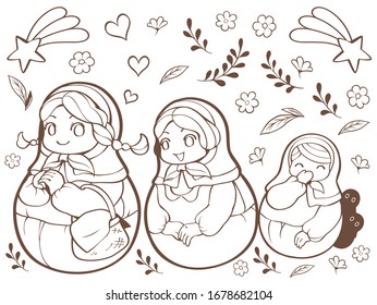 Cute hand drawn doodle Cute doll and accessory vector illustration, Villager girl and her sister. Used for coloring book, Embroidered pattern, wallpaper and sticker, etc.