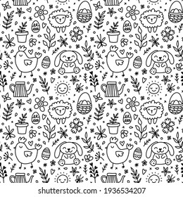 Cute hand drawn doodle Easter seamless pattern with bunnies, flowers, easter eggs. Beautiful black and white background for cards, banner, textiles