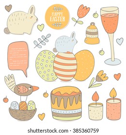 Cute hand drawn doodle easter objects collection including egg, rabbit, candle, easter cake, flower, heart, berry, plant, bell, bird, nest, glass of wine. Easter icons set