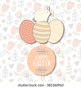 Cute hand drawn doodle easter postcard with eggs, bunny, flower background and text space