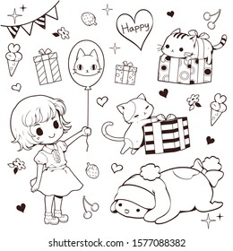 Cute hand drawn doodle element vector illustration, A girl with a balloon, Cat with gift box, Pillow dog wearing red hat, cute little object, Coloring book, wallpaper and sticker.