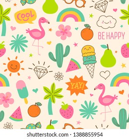 Cute hand drawn doodle elements seamless pattern for summer background.