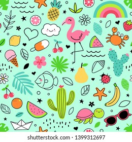 Cute hand drawn doodle elements seamless pattern for summer background.