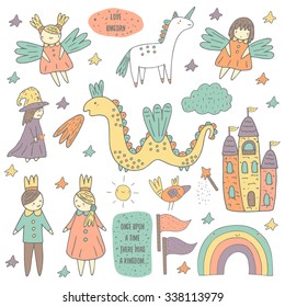 Cute hand drawn doodle fairy tale, wonderland, kingdom objects collection including castle, princess, prince, sprites, unicorn, cloud, sun, dragon, evil magician, rainbow, flag, bird, wand, stars.