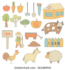 Cute hand drawn doodle farm objects collection including apple, carrot, pepper, pumpkin, tree, house, banner, farmer, garden cart, fence, cow, chicken, donkey, sheep,  shovel, saw, rake. Farm icons