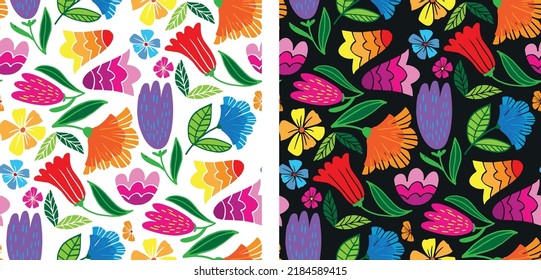 Cute hand drawn doodle flat pattern background. Floral pattern design. Flowers and leaves.