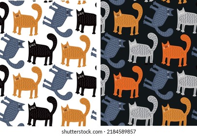Cute hand drawn doodle flat pattern background with color cat.