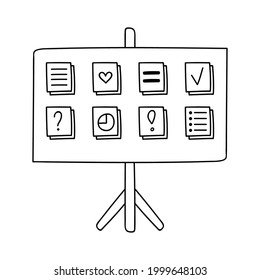Cuto doodle dibujado a mano de flipchart con listas, diagrama, notas, planos de pegatinas coloridas. Elemento comercial para presentaciones, informes. Ilustración vectorial con contorno de doodle dibujado a mano.