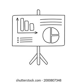 Cute hand drawn doodle of flipchart with list, chart, diagram. Infographic business element for presentations, reports. Vector illustration isolated on background with hand drawn doodle outline.