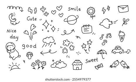 Cute hand drawn doodle with flowers, puppy, birds, hearts