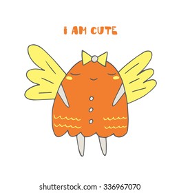Cute hand drawn doodle flying girl monster with wings and bow. Background, card, postcard, cover with funny creature and text space.