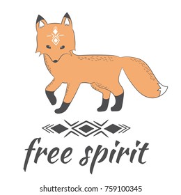 cute hand drawn doodle Fox and inscription - free spirit. Funny tribal Fox. Vector illustration in Doodle style for baby fashion.