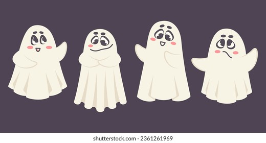 Helle handgezeichnete Dodle-Geister einzeln. Set von Halloween lustigen Phantom-Figuren mit verschiedenen Emotionen.Comische Monster mit Gesichtsausdrücken. Vektorgrafik-Illustration für Halloween-Party