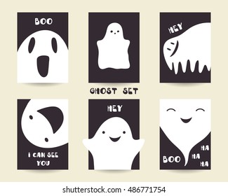 Cute hand drawn doodle ghosts set. Printable tags, templates for halloween with funny creatures, monsters