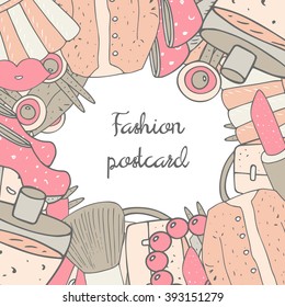 Cute hand drawn doodle girl fashion postcard, card, cover with lipstick, skirt, bag, lips, blush brush, hills, sweater, perfume, hair pin, bow, bead bracelet. Fashion background