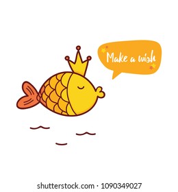 Cute hand drawn, doodle golden fish character asking to make a wish. Vector cartoon illustration.