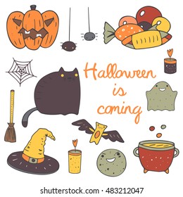 Cute hand drawn doodle halloween objects collection including pumpkin, spider, sweets, net, cat, ghost, candle, cauldron, moon, bat, witch hat, broom stick. Halloween icons set, decorative elements