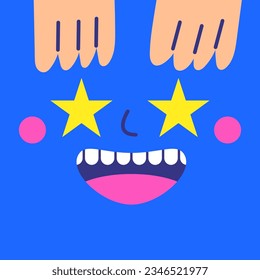 Cute hand drawn doodle happy face with star eyes and arms. Blue funny happy, smiley, naughty mascot. Square cartoon style character for kids, children