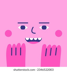 Cute hand drawn doodle happy calm face with arms. Pink funny happy, smiley, naughty mascot. Square cartoon style character for kids, children