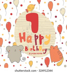 Cute hand drawn doodle happy birthday card, postcard, background, cover with balloons, vintage texture frame, cat, mouse, bird and all numbers