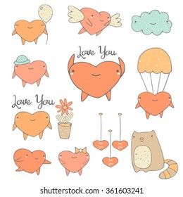 Cute hand drawn doodle heart characters collection including heart with balloon, heart with wings, heart with flower, boy and girl heart. Design elements for st valentine day, Love, amour icon