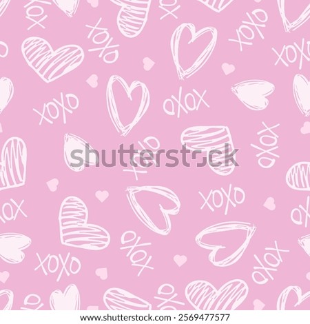 Cute hand drawn doodle hearts and xoxo on pink background, seamless pattern design. Cute heart repeatable background. Simple doodled hearts template. Seamless xoxo and heart pattern. Loopable vector.