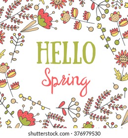 Cute hand drawn doodle hello spring postcard. Background with nature elements including flowers, plants, branches, berries.