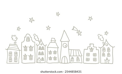 Cute hand drawn doodle houses, christmas town with stars and decorated houses, great for banners, wallpapers, invitations - vector design
