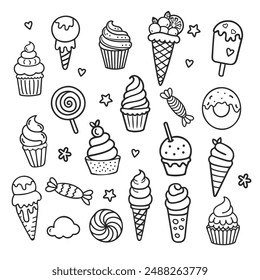 Cute hand drawn doodle ice cream and candy icons set. Vector illustration