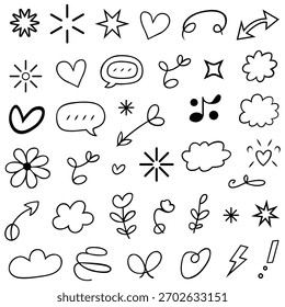 Un lindo conjunto de iconos de doodle dibujado a mano con corazones, estrellas, nubes, flechas, flores y Elementos de boceto simples.