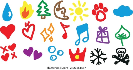 Bela mão desenhada Doodle ícone conjunto com corações, natureza, música, tempo e divertido símbolos para crianças, adesivos, e design criativo